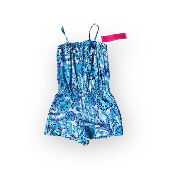 Lilly Pulitzer Girls Jaycee romper in turquoise oasis shell me you love me - Picture 1 of 5
